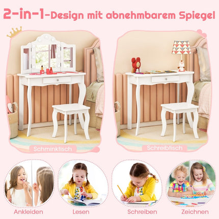 2 in 1 Kinderschminktisch mit LED-Leuchten &amp; Klappspiegel &amp; Schubladen weiß