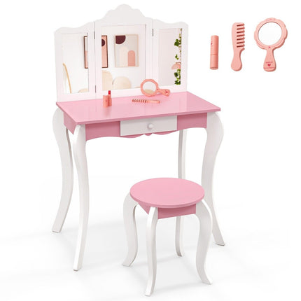 2 in 1 children's dressing table with stool & 3-fold removable mirror & drawer dressing table