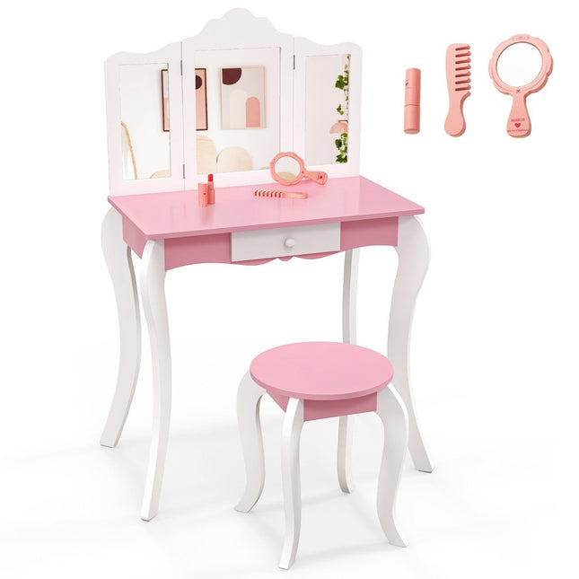2 in 1 Kinderschminktisch mit Hocker &amp; 3-fach abnehmbarem Spiegel &amp; Schubladen-Schminktisch