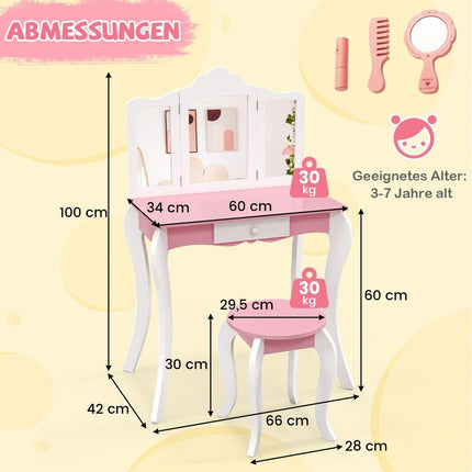 2 in 1 children's dressing table with stool & 3-fold removable mirror & drawer dressing table
