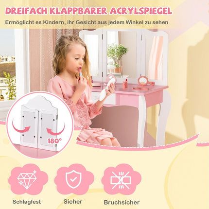 2 in 1 children's dressing table with stool & 3-fold removable mirror & drawer dressing table