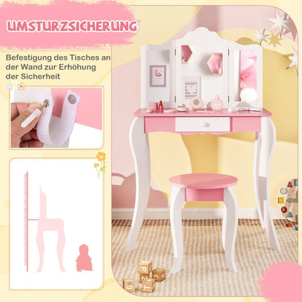 2 in 1 children's dressing table with stool & 3-fold removable mirror & drawer dressing table