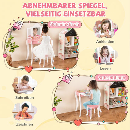 2 in 1 children's dressing table with stool & 3-fold removable mirror & drawer dressing table