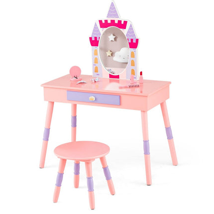 2 in 1 Kinderschminktisch mit Hocker Frisiertisch Set aus Holz Rosa