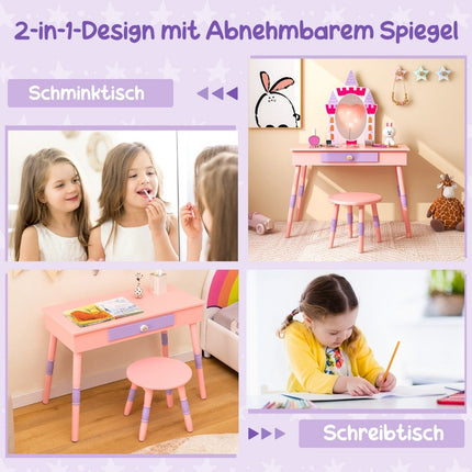 2 in 1 Kinderschminktisch mit Hocker Frisiertisch Set aus Holz Rosa