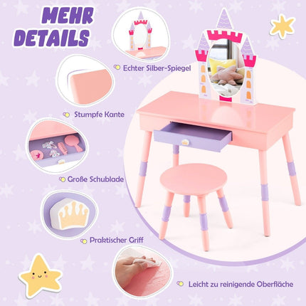 2 in 1 Kinderschminktisch mit Hocker Frisiertisch Set aus Holz Rosa