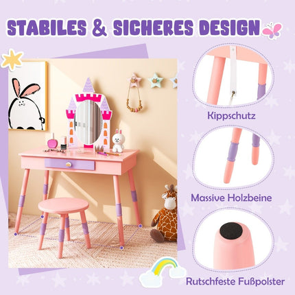 2 in 1 Kinderschminktisch mit Hocker Frisiertisch Set aus Holz Rosa