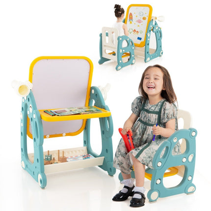 2 in 1 kinder-ezel met 3-voudig verstelbaar whiteboard en schilderaccessoires blauw + geel