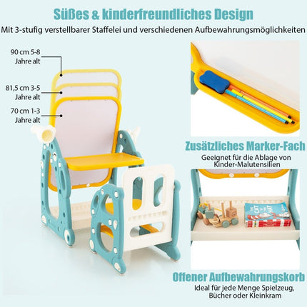 2 in 1 kinder-ezel met 3-voudig verstelbaar whiteboard en schilderaccessoires blauw + geel