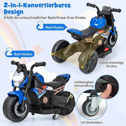 Moto électrique 2 en 1 pour enfants avec roues d'entraînement amovibles, phares, musique et klaxon, bleu 74 x 38 x 48 cm