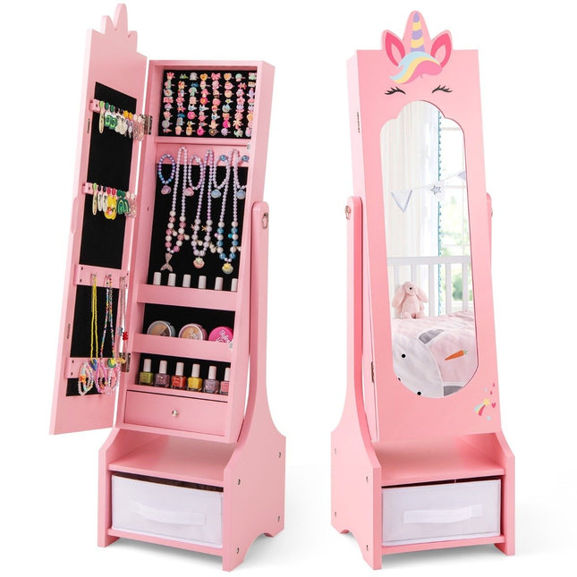 Armoire à bijoux pour enfants 2 en 1 avec miroir pleine longueur et tiroir, miroir de maquillage rose