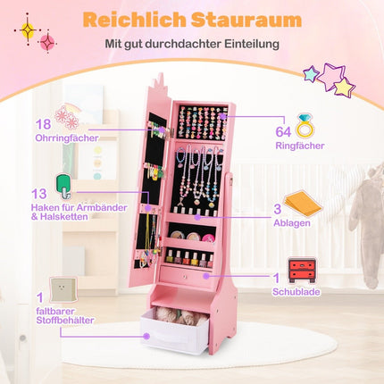 Armoire à bijoux pour enfants 2 en 1 avec miroir pleine longueur et tiroir, miroir de maquillage rose
