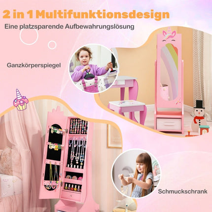 Armoire à bijoux pour enfants 2 en 1 avec miroir pleine longueur et tiroir, miroir de maquillage rose