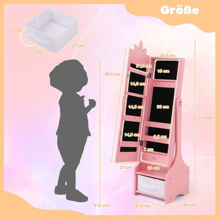 Armoire à bijoux pour enfants 2 en 1 avec miroir pleine longueur et tiroir, miroir de maquillage rose