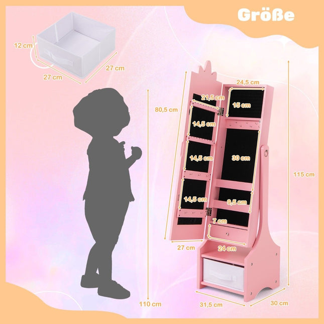 Armoire à bijoux pour enfants 2 en 1 avec miroir pleine longueur et tiroir, miroir de maquillage rose