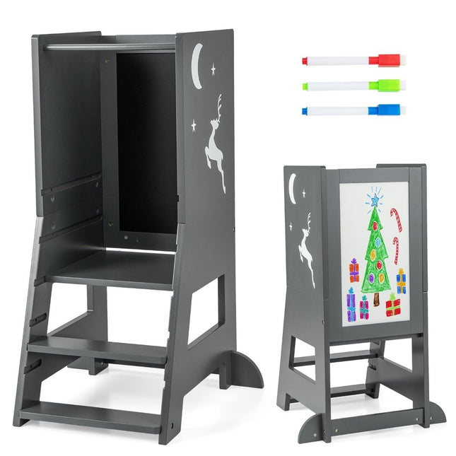 2 in 1 Lernturm für Kinder mit doppelseitiger Tafel &amp; 3-fach höhenverstellbarem Küchenhocker Tritthocker Grau