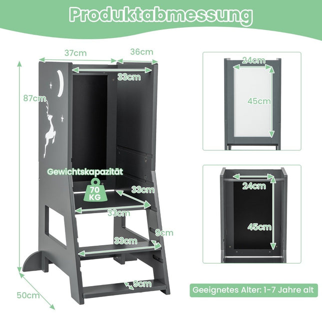 2 in 1 Lernturm für Kinder mit doppelseitiger Tafel &amp; 3-fach höhenverstellbarem Küchenhocker Tritthocker Grau