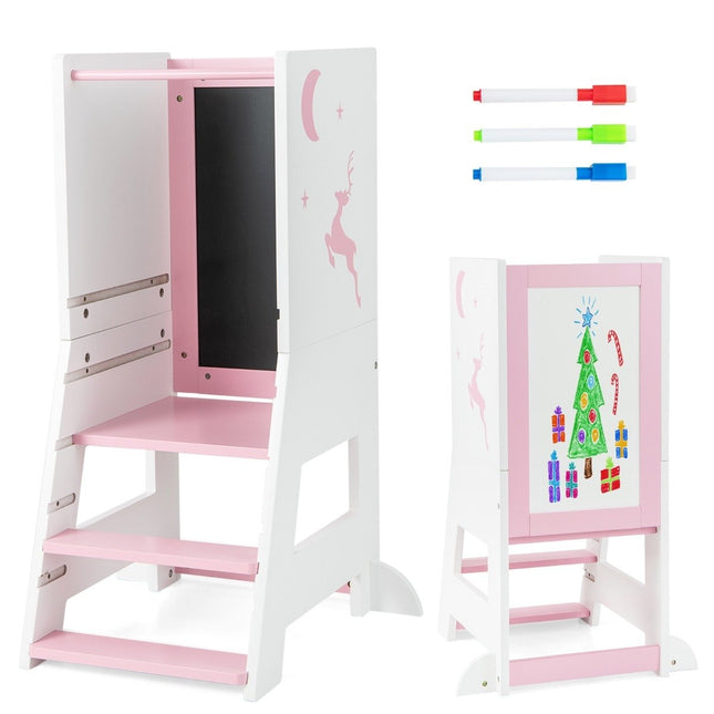 2 in 1 Kinder Lernturm mit doppelseitiger Tafel &amp; 3-fach höhenverstellbarem Küchenhocker Tritthocker Rosa