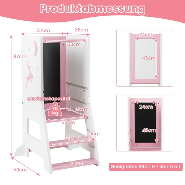 2 in 1 Kinder Lernturm mit doppelseitiger Tafel &amp; 3-fach höhenverstellbarem Küchenhocker Tritthocker Rosa