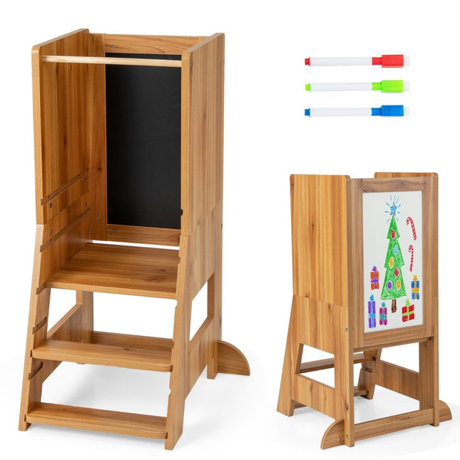 2 in 1 Kinder-Lernturm mit doppelseitiger Tafel &amp; 3-fach höhenverstellbarem Küchenhocker Tritthocker Natur