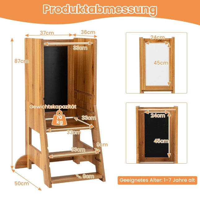 2 in 1 Kinder-Lernturm mit doppelseitiger Tafel &amp; 3-fach höhenverstellbarem Küchenhocker Tritthocker Natur