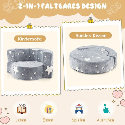 2 in 1 Kindersofa rundes Spielsofa im Dunkeln leuchtende Kindercouch gepolstert mit abnehmbarem grauen Bezug