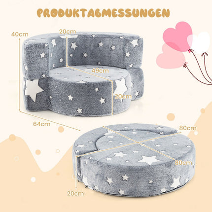 2 in 1 Kindersofa rundes Spielsofa im Dunkeln leuchtende Kindercouch gepolstert mit abnehmbarem grauen Bezug