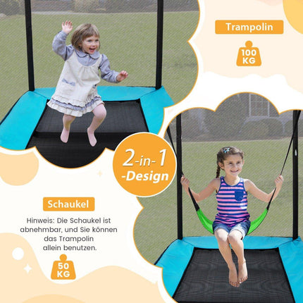 2 in 1 Kindertrampolin mit Schaukel &amp; Sicherheitsnetz &amp; Randabdeckung Blau + Schwarz