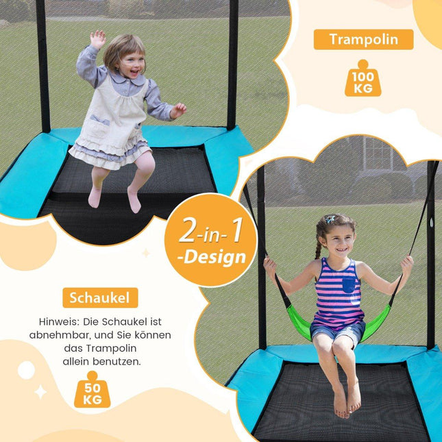 2 in 1 Kindertrampolin mit Schaukel &amp; Sicherheitsnetz &amp; Randabdeckung Blau + Schwarz