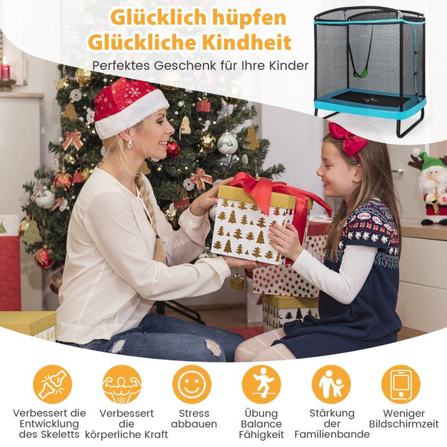 2 in 1 Kindertrampolin mit Schaukel &amp; Sicherheitsnetz &amp; Randabdeckung Blau + Schwarz