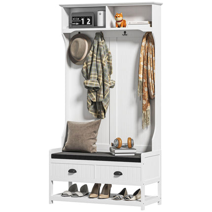Porte-manteau 2 en 1, porte-vêtements avec 4 crochets, porte-manteau avec banc à chaussures et étagères, porte-vestes avec protection anti-basculement, pour entrée, couloir, chambre, blanc + gris