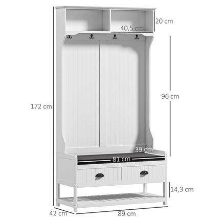 Porte-manteau 2 en 1, porte-vêtements avec 4 crochets, porte-manteau avec banc à chaussures et étagères, porte-vestes avec protection anti-basculement, pour entrée, couloir, chambre, blanc + gris