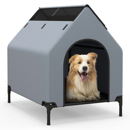 2-in-1-Hundehütte und erhöhtes Hundebett, Hundeliege, Haustierhaus für draußen mit atmungsaktivem Netzgewebe, Grau, 64 x 91 x 86 cm
