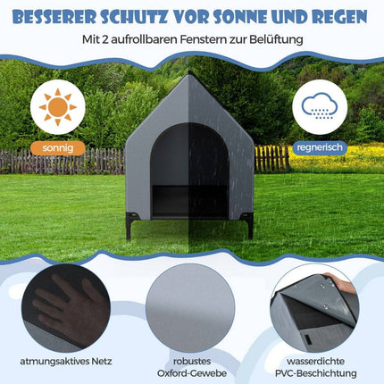 2-in-1-Hundehütte und erhöhtes Hundebett, Hundeliege, Haustierhaus für draußen mit atmungsaktivem Netzgewebe, Grau, 64 x 91 x 86 cm