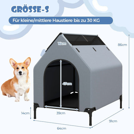 2-in-1-Hundehütte und erhöhtes Hundebett, Hundeliege, Haustierhaus für draußen mit atmungsaktivem Netzgewebe, Grau, 64 x 91 x 86 cm