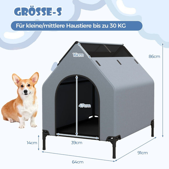 2-in-1-Hundehütte und erhöhtes Hundebett, Hundeliege, Haustierhaus für draußen mit atmungsaktivem Netzgewebe, Grau, 64 x 91 x 86 cm