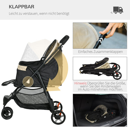 Zusammenklappbarer 2-in-1-Tierbuggy mit Regenschutz für Katzen und Hunde bis 10 kg