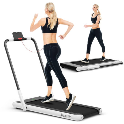 2-in-1 faltbares Laufband mit APP &amp; Fernbedienung, Handyhalterung, LED-Display und Lautsprecher, weiß
