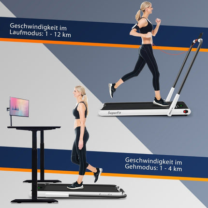 2-in-1 faltbares Laufband mit APP &amp; Fernbedienung, Handyhalterung, LED-Display und Lautsprecher, weiß