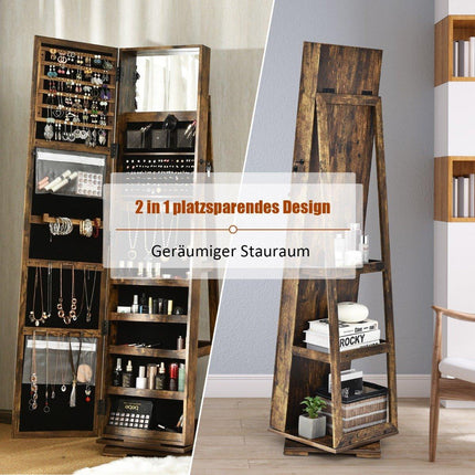 2 in 1 Schmuckschrank &amp; Leiterregal mit Ganzkörperspiegel 39 x 39 x 161 cm braun