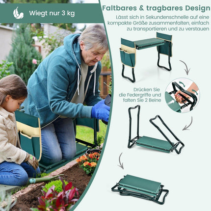 2 in 1 Kniebank für die Gartenarbeit mit 2 Werkzeugtaschen faltbar 58 x 27,5 x 50 cm grün