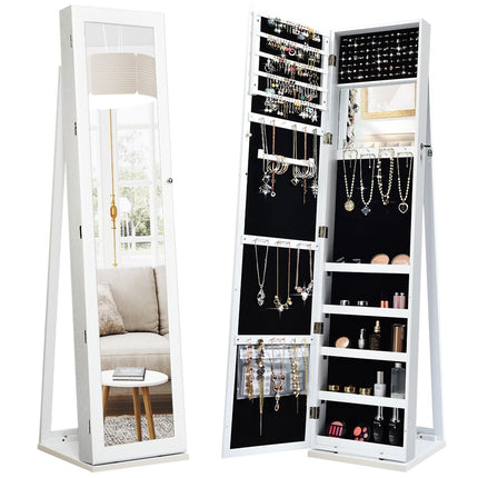 2-in-1 large and lockable jewelry cabinet with full-length mirror, free-standing jewelry stand, white