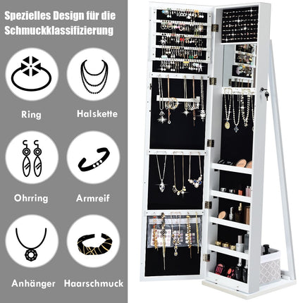 2-in-1 large and lockable jewelry cabinet with full-length mirror, free-standing jewelry stand, white