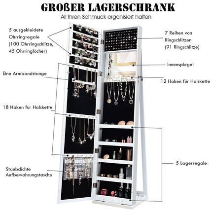2-in-1 large and lockable jewelry cabinet with full-length mirror, free-standing jewelry stand, white