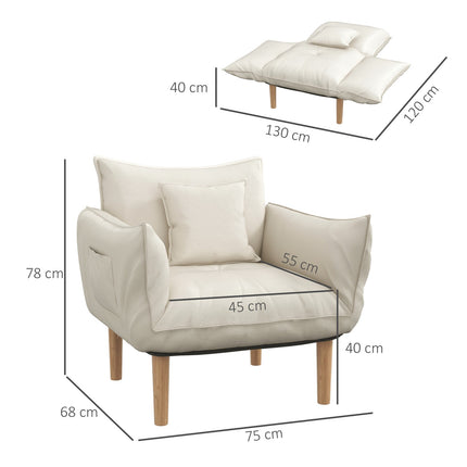 Chaise longue 2 en 1, chaise de relaxation réglable et chaise d'appoint, chaise de sol avec coussin, chiffon en microfibre, crème, jusqu'à 120 kg
