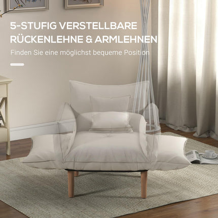 Chaise longue 2 en 1, chaise de relaxation réglable et chaise d'appoint, chaise de sol avec coussin, chiffon en microfibre, crème, jusqu'à 120 kg