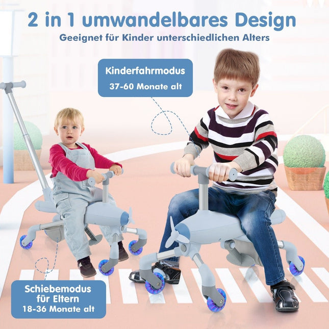 2-in-1 Rutschauto für Kinder Schiebeauto im Flugzeugmotiv mit LED-beleuchteten Rädern tragbar bis 50kg Blau
