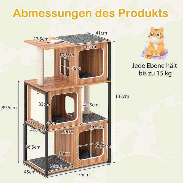 2 in 1 Kratzbaum Katzenhaus 3-stöckiger Katzenbaum mit abnehmbaren Kissen &amp; Katzenhöhle