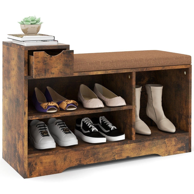 2 in 1 Schuhregal &amp; Bank mit Schublade &amp; 3 Fächern &amp; Sitzkissen Schuhbank Vintage
