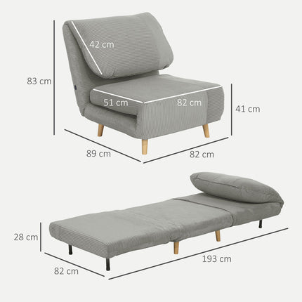 Adjustable folding sofa bed - Corduroy Look, Grey, 82x89x83 cm